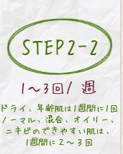 step2-2ドライ、年齢肌は1週間に1回ノーマル、混合、オイリー、ニキビのできやすい肌は、1週間に2~3回